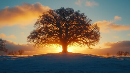 Fototapeta premium Majestic oak tree at winter sunrise (1)