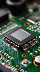 Close-up of Computer Chip on Green Circuit Board for Technology and Electronics Concepts