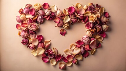 Obraz premium A delicate heart shape composed of dried rose petals and blossoms, arranged on a muted background, conveying a message of enduring affection and timeless romance