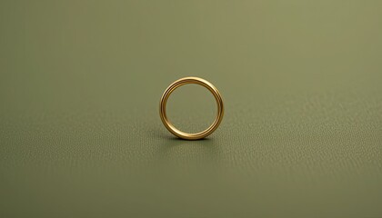 A single gold wedding band centered on a muted green surface in a simple studio shot for jewelry ads