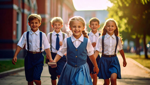 Excited school children in uniforms running together outdoors on a sunny day, showcasing happiness, friendship, and youthful energy.
