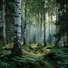 Fototapeta premium sunlit birch forest with white bark trees