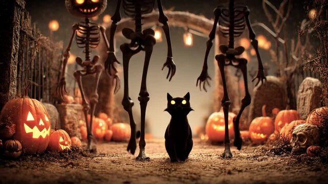 A playful Halloween scene featuring a black cat and dancing skeletons walking together to a spooky Halloween party under the night sky.