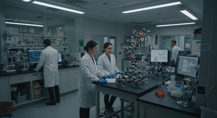 Obraz premium Laboratory Scene with Scientists Conducting Research and Experiments in a Modern Facility