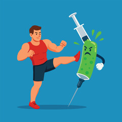 The fight against drugs. Vector illustration on the theme stop drugs. Young man in sports outfit kicking syringe with green liquid on blue background