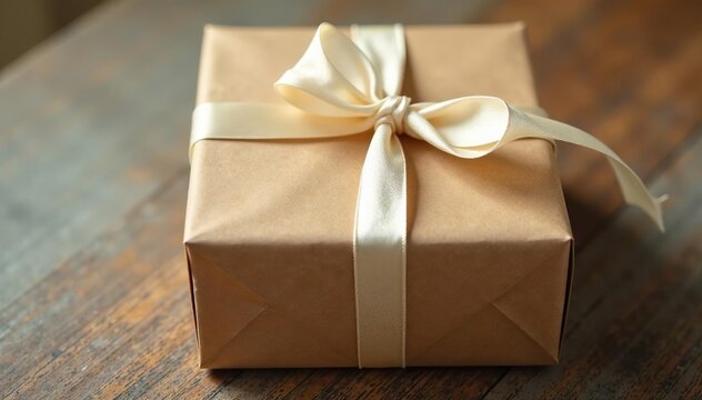 Brown kraft paper parcel, tied with ivory silk, soft lighting , neutral, eco, parcel
