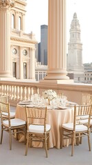 Naklejka premium Elegant outdoor reception table setting on a terrace overlooking a city skyline with classic architecture