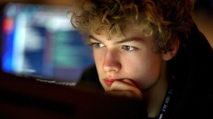 Focused teenager engages with technology while computing in a modern environment