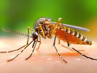Mosquito on Skin: Aedes mosquito taking a blood meal on human skin. Detailed close-up shot showcasing the insect's intricate body and legs.