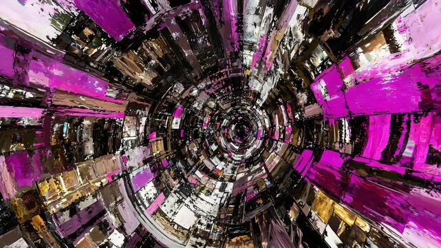 Purple and black abstract painting with dynamic swirls and textures capturing artistic expressionism