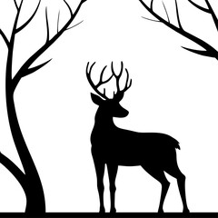 silhouette of deer on dry tree black color white background.ai