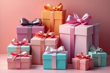 Fototapeta premium Array of colorful gift boxes, soft satin bows, gentle lighting , vibrant, lighting, colorful