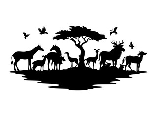 Fototapeta premium Sunset Silhouette of Animals at Watering Hole, African Savanna Scene, Wildlife at Dusk, Nature Landscape Art, On Transparent Background