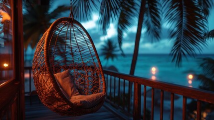 Oceanfront wicker hammock at twilight