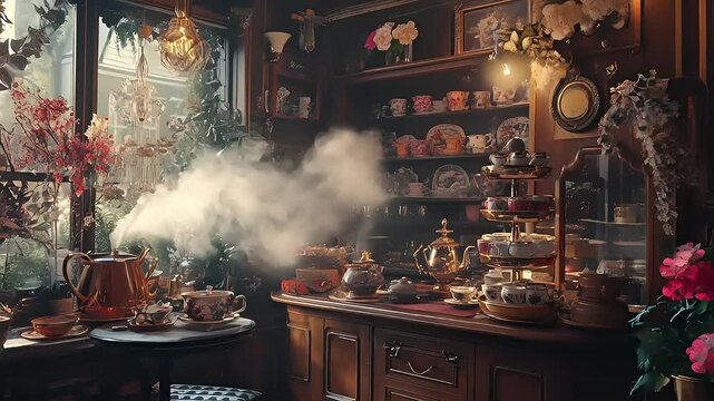 Enchanting Tea Room with Vintage D?cor and Steaming Beverages in a Cozy Atmosphere
