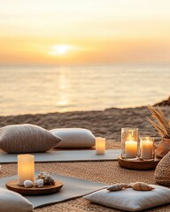 Summer wellness retreat with sunset beach yoga A serene beach setting at sunset, featuring soft pillows, candles, and decorative shells for a peaceful ambiance.