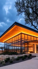 Obraz premium Modern glass pavilion with warm, illuminated wood ceiling at dusk