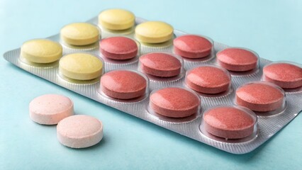 Colorful pharmaceutical pills in a blister pack with additional pills on a light blue background representing healthcare and medicine