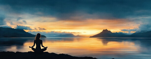 Summer wellness retreat with sunset beach yoga A serene silhouette of a person meditating by the water at sunset, reflecting tranquility and inner peace in a natural setting.