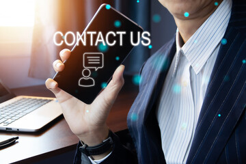Contact us concept, businessman using smartphone, email icon and customer service center.