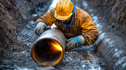 Skilled pipefitter using an acetylene torch to cut into a pipe for fabrication in Alberta, Canada