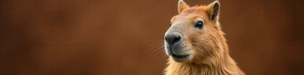 Obraz premium Smiling capybara portrait against brown, soft focus, legs, nature, rodent