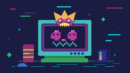 Retro Computer Screen A vintage computer monitor displaying a pixelated 404 Error message surrounded by colorful glitchy lines and pixel art icons. A quirky animated character such
