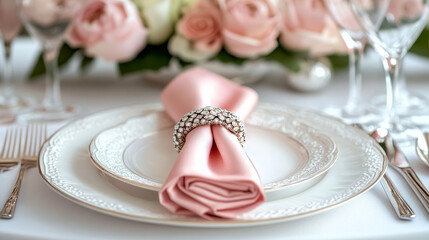 Soft pink napkin with ornate ring arranged for a formal table setting on white