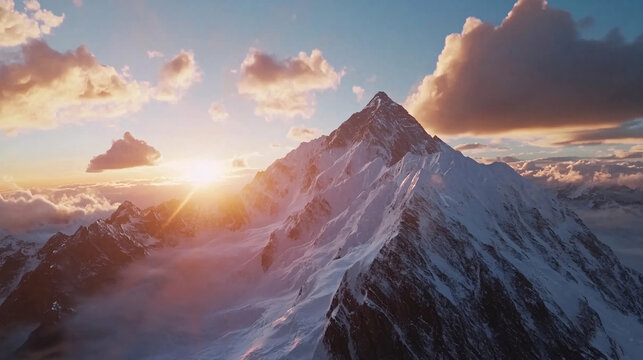 Spectacular view of a snow-capped mountain range at sunset, with golden clouds above.