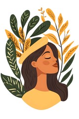 Woman with eyes closed in a beret, framed by colorful leaves