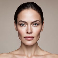 Obraz premium Stunning close-up portrait of a confident young woman with flawless skin and captivating green eyes expressing natural beauty and poise in a minimalist aesthetic setting