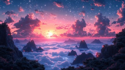 Naklejka premium Vibrant sunset over a sea of clouds and majestic mountains.