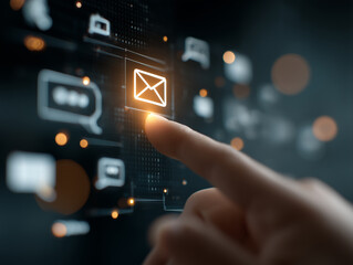 close up view of finger tapping on virtual screen displaying communication icons, including email symbol, representing digital interaction and technology