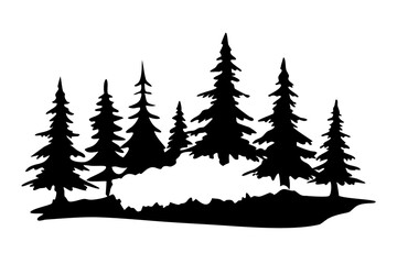 Obraz premium Snowy Forest Silhouette with Pine Trees, Winter Wonderland Scene, Snow-covered Woodland Art, Tranquil Nature Landscape, On Transparent Background