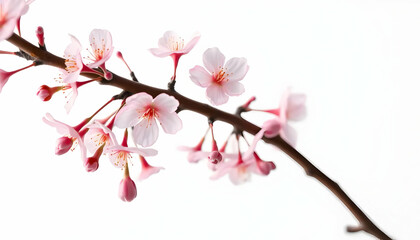 Delicate Cherry Blossom Branch with Pink Flowers Against Soft White Background