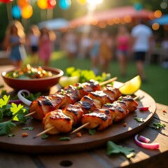 Grilled chicken skewers served with lime and onion on a platter during a festive gathering