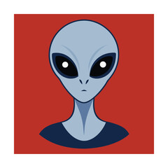 Illustration of a gray alien face in a flat design style on a red background