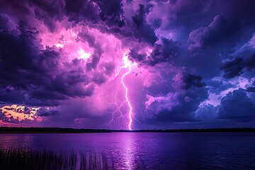Dramatic lightning storm over lake