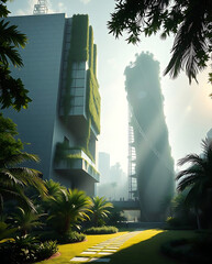 modern brutalism building with lush greenery, created by generative ai