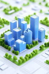 A miniature cityscape model showcasing a cluster of light-blue buildings nestled amongst lush green trees and winding roads, representing urban planning and eco-friendly design