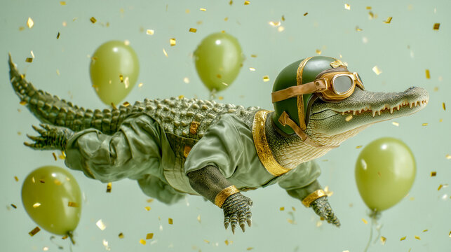 Flying crocodile pilot with helmet and goggles among balloons and confetti on light green background