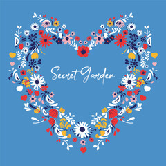 Floral heart shape frame from different flowers and plants, Heart with flowers, Boho floral heart secret garden slogan on frame, Heart frame of wreath flower for wedding decoration vector clipart