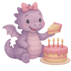Adorable purple dragon with bow holding cake slice next to birthday cake in soft watercolor design