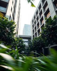 modern brutalism building with lush greenery, created by generative ai