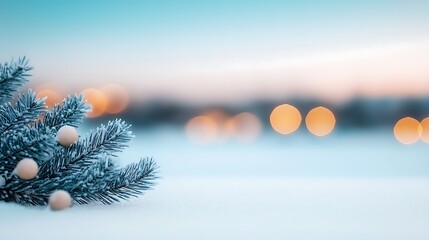 Frosted Pine Branch on Snowy Background with Festive Lights