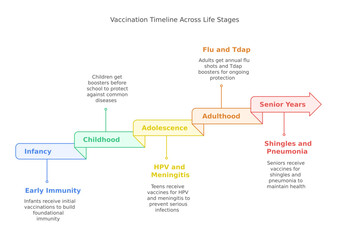 Vaccination Timeline: A colorful infographic showcasing the vaccination timeline across different life stages.  The infographic illustrates recommended vaccine schedules for infants, children.