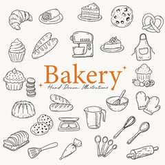 Collection of hand-drawn baking illustrations featuring pastries, bread, utensils, and kitchen equipment for cooking and recipe designs.