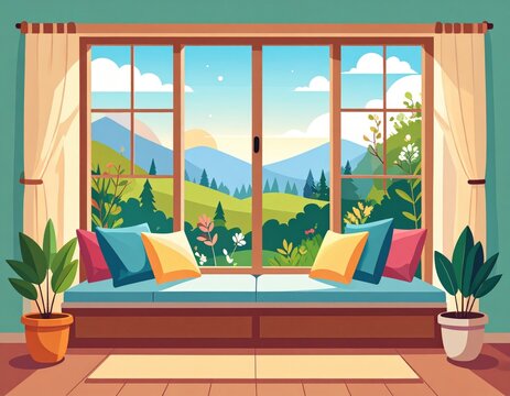 Fototapeta Colorful Window Seat With Mountain View Illustration