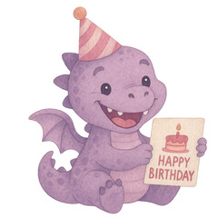 Cute purple dragon with birthday hat holding sign with cake in playful pastel watercolor style for kids event
