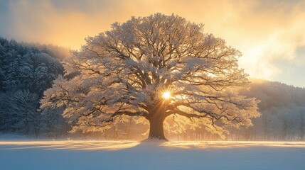Majestic winter oak bathed in golden sunrise